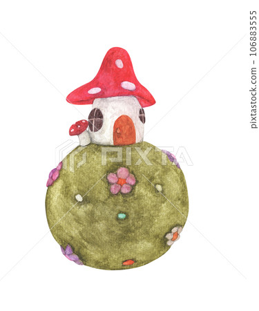 Mushroom house on Green grass ball with flowers, Watercolor illustration. 106883555