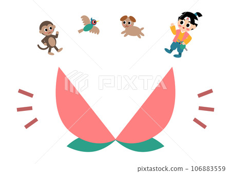 破裂的桃子、狗、猴子、雉雞和桃太郎的插圖 破裂的桃子、狗、猴子、雉雞和桃太郎的插圖 106883559