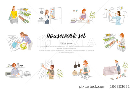 矢量插畫素材：婦女做家務，人們設置 106883651