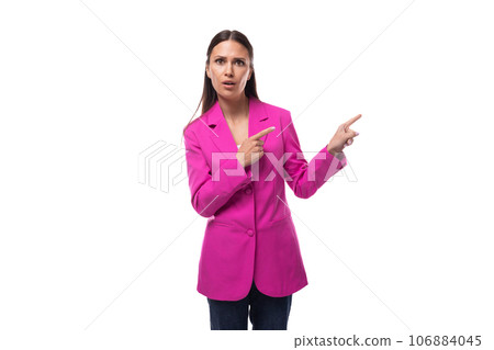 young smart european brunette with black hair is dressed in a stylish crimson jacket on a white young smart european brunette with black hair is dressed in a stylish crimson jacket on a white 106884045