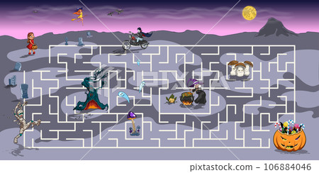 Halloween cartoon maze. Kids logic game. Horror children labyrinth. Search path with witch, mummy and vampire. Find your way among the monsters Halloween cartoon maze. Kids logic game. Horror children labyrinth. Search path with witch, mummy and vampire. Find your way among the monsters 106884046