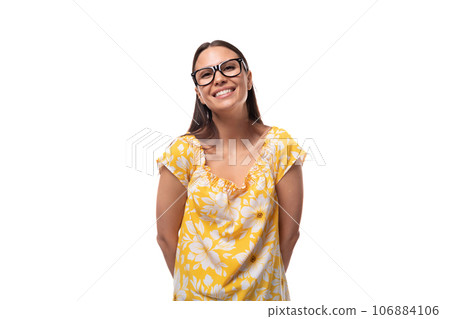 30 year old brunette woman dressed in summer outfit feels joy 30 year old brunette woman dressed in summer outfit feels joy 106884106