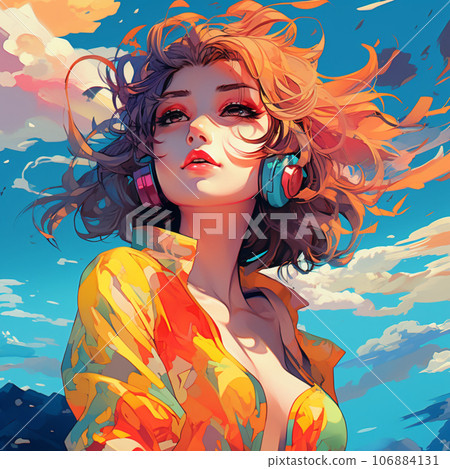[AI generated image] A woman wearing empty tongue headphones and taking in the wind 106884131