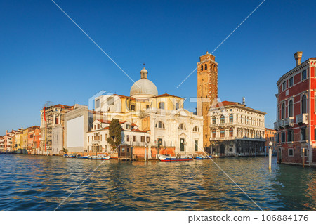 Church San Geremia in Venice from Grand Canal at sunny morning. Church San Geremia in Venice from Grand Canal at sunny morning. 106884176