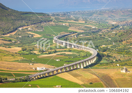 Highway bridge on pillars in Sicily, Italy. 106884192