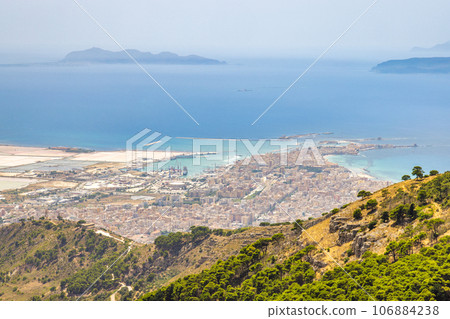 View of Trapani from Erice town in Sicily, Italy. 106884238