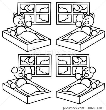 Line drawing set of dog and cat sleeping in the futon at bedtime Line drawing set of dog and cat sleeping in the futon at bedtime 106884409