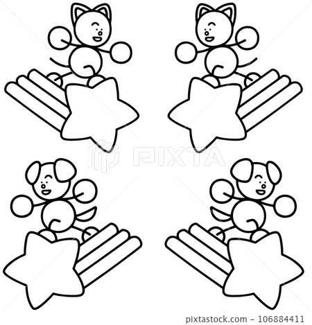 Line drawing set of dog and cat riding on a shooting star dog and cat 106884411