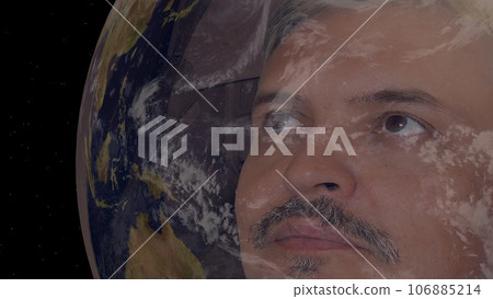 Portrait of man astronaut in outer space wearing helmet looking at earth globe. Sci-fi expedition, planet discovery mission and exploration by brave human, spacewalk. 3d rendering. 106885214