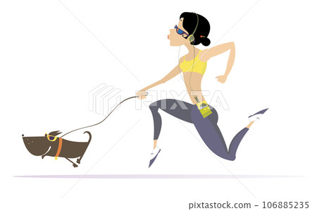 Running young woman with a dog. Running young woman with a dog listening music on player using headphones. Isolated on white background Running young woman with a dog. Running young woman with a dog listening music on player using headphones. Isolated on white background 106885235