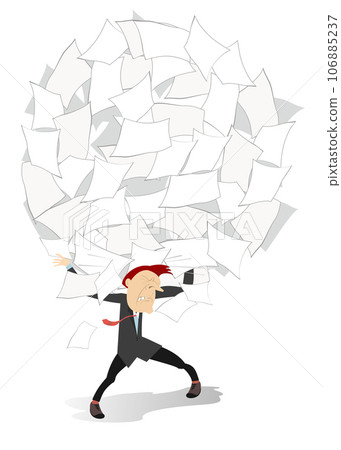 Businessman. Paperwork. Big pile of papers.  Businessman. File clerk carrying a huge ball of papers on the back 106885237