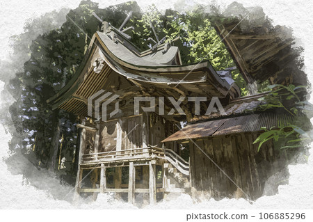 Watercolor painting style, Sainuma Shrine, Oinuma Shrine, main shrine, Tottori City, Tottori Prefecture 106885296