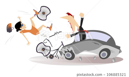 Traffic accident. Bike accident - collisions with car. Automobile knocking down young woman riding on bike. Road collision with cyclist involved 106885321