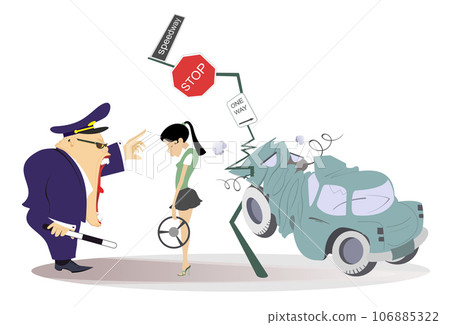 Traffic accident. Traffic police. Car driver woman. Angry traffic cop, car driver and car smashed into road sign Traffic accident. Traffic police. Car driver woman. Angry traffic cop, car driver and car smashed into road sign 106885322