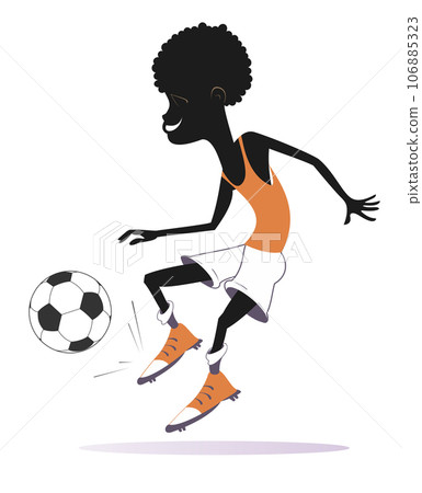 Smiling young African man playing football. Cartoon African football player kicks a ball. Isolated on white illustration Smiling young African man playing football. Cartoon African football player kicks a ball. Isolated on white illustration 106885323