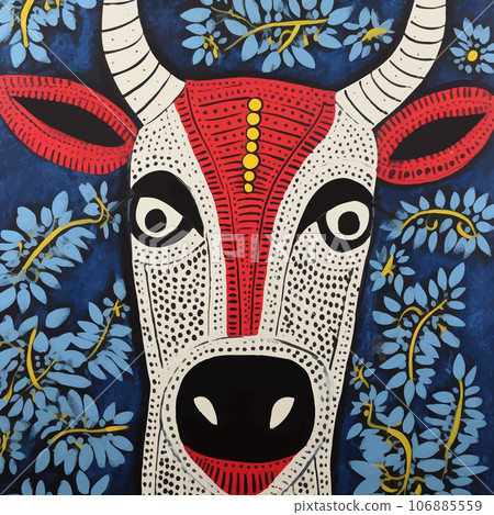 Naive drawing of a funny horned cow looking at you. Close-up portrait of a farm animal with horns in the field at night 106885559