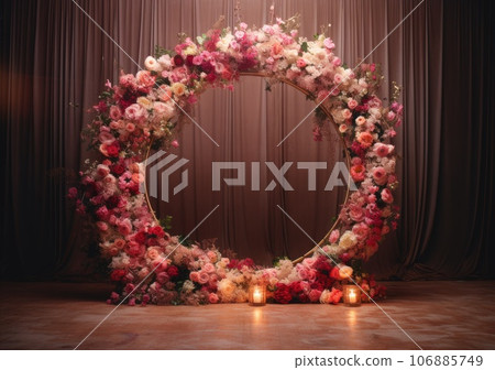 floral hoop digital backdrops. shoot set up with prop Flower and wood backdrop. AI Generative. 106885749