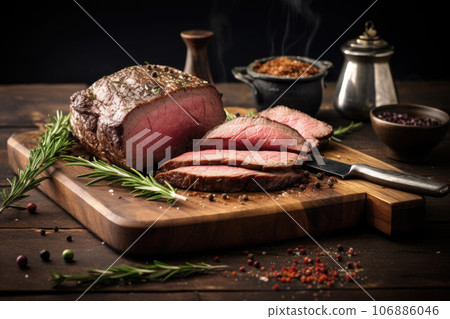 Roast beef on cutting board with pepper and herbs and wooden table background Roast beef on cutting board with pepper and herbs and wooden table background 106886046