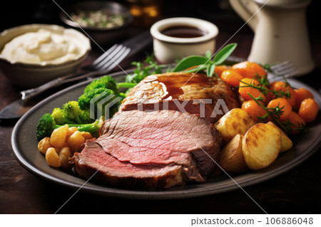 Roast beef on cutting board with pepper,potatoes and herbs and wooden table background Roast beef on cutting board with pepper,potatoes and herbs and wooden table background 106886048