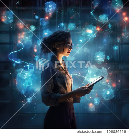 Staying up to date with technology in a fast moving world, concept. A young asian woman is using an innovative future technology to view her phone data and functions in holographic display around her. Staying up to date with technology in a fast moving world, concept. A young asian woman is using an innovative future technology to view her phone data and functions in holographic display around her. 106886536