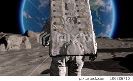 Lunar Astronaut In Space Suit Walking On the Moon. Planet Earth Is Visible. 3d rendering. Lunar Astronaut In Space Suit Walking On the Moon. Planet Earth Is Visible. 3d rendering. 106886710