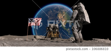 Lunar astronaut jumping on the moon and saluting the American flag. Astronaut walking on the moon. Some Elements of this video furnished by NASA. 3d rendering. 106886810