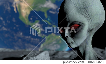 Scary gray alien stands on the moon and looks blinking. Planet Earth Is Visible. UFO futuristic concept. 3D rendering. Scary gray alien stands on the moon and looks blinking. Planet Earth Is Visible. UFO futuristic concept. 3D rendering. 106886829
