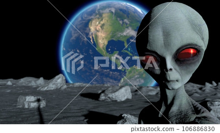 Scary gray alien stands on the moon and looks blinking. Planet Earth Is Visible. UFO futuristic concept. 3D rendering. Scary gray alien stands on the moon and looks blinking. Planet Earth Is Visible. UFO futuristic concept. 3D rendering. 106886830
