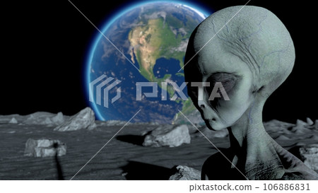 Scary gray alien stands on the moon and looks blinking. Planet Earth Is Visible. UFO futuristic concept. 3D rendering. 106886831