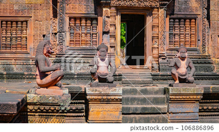 Mysterious Ancient ruins Banteay Srei temple - famous Cambodian landmark, Angkor Wat complex of temples. Siem Reap, Cambodia. 106886896