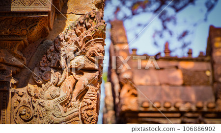 Mysterious Ancient ruins Banteay Srei temple - famous Cambodian landmark, Angkor Wat complex of temples. Siem Reap, Cambodia. Mysterious Ancient ruins Banteay Srei temple - famous Cambodian landmark, Angkor Wat complex of temples. Siem Reap, Cambodia. 106886902