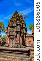 Mysterious Ancient ruins Banteay Srei temple - famous Cambodian landmark, Angkor Wat complex of temples. Siem Reap, Cambodia. 106886905