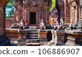 Mysterious Ancient ruins Banteay Srei temple - famous Cambodian landmark, Angkor Wat complex of temples. Siem Reap, Cambodia. 106886907