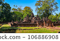 Mysterious Ancient ruins Banteay Srei temple - famous Cambodian landmark, Angkor Wat complex of temples. Siem Reap, Cambodia. 106886908