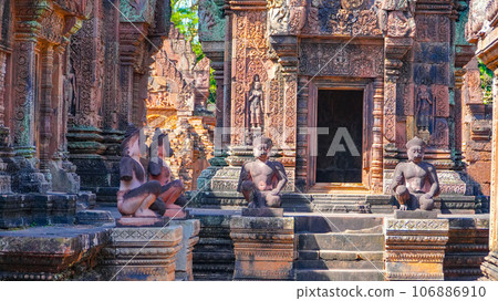 Mysterious Ancient ruins Banteay Srei temple - famous Cambodian landmark, Angkor Wat complex of temples. Siem Reap, Cambodia. 106886910