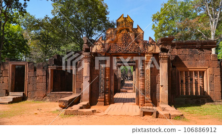 Mysterious Ancient ruins Banteay Srei temple - famous Cambodian landmark, Angkor Wat complex of temples. Siem Reap, Cambodia. 106886912