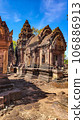 Mysterious Ancient ruins Banteay Srei temple - famous Cambodian landmark, Angkor Wat complex of temples. Siem Reap, Cambodia. 106886913