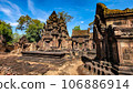 Mysterious Ancient ruins Banteay Srei temple - famous Cambodian landmark, Angkor Wat complex of temples. Siem Reap, Cambodia. 106886914