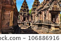 Mysterious Ancient ruins Banteay Srei temple - famous Cambodian landmark, Angkor Wat complex of temples. Siem Reap, Cambodia. 106886916