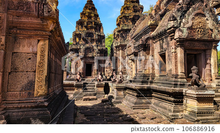 Mysterious Ancient ruins Banteay Srei temple - famous Cambodian landmark, Angkor Wat complex of temples. Siem Reap, Cambodia. 106886916