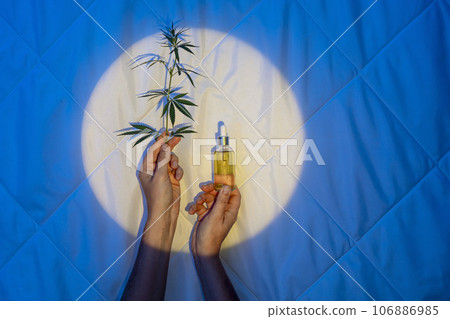 Immerse tranquility of night: the soothing power of cbd oil with branch of cannabis in hands against background of a blanket 106886985
