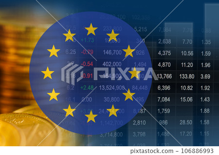 EU, The flag of Europe or European flag with stock market finance, economy trend graph digital technology. 106886993