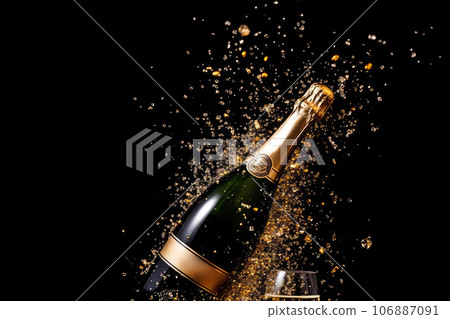 bottle of champagne with confetti on black background. Celebration and new year concept bottle of champagne with confetti on black background. Celebration and new year concept 106887091