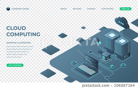 Cloud computing isometric landing page. Cloud storage server. Cloud computing online database technology. Vector illustration 106887164