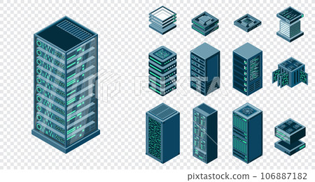 Set of isometric server racks. Server isometric set. Digital technology elements. Vector illustration Set of isometric server racks. Server isometric set. Digital technology elements. Vector illustration 106887182