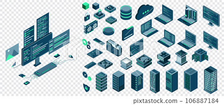 Set of isometric computer technology. Isometric set server equipment. Technology isometric icons. Digital technology items. Vector illustration Set of isometric computer technology. Isometric set server equipment. Technology isometric icons. Digital technology items. Vector illustration 106887184