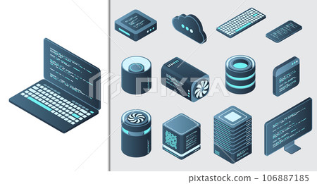 Set of isometric computer technology. Isometric set server equipment. Technology isometric icons. Digital technology items. Vector illustration Set of isometric computer technology. Isometric set server equipment. Technology isometric icons. Digital technology items. Vector illustration 106887185