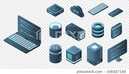 Set of isometric computer technology. Isometric set server equipment. Technology isometric icons. Digital technology items. Vector illustration Set of isometric computer technology. Isometric set server equipment. Technology isometric icons. Digital technology items. Vector illustration 106887186