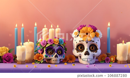Day of the Dead skulls. Dia de los muertos. Day of the dead and mexican Halloween background. Mexican tradition festival. Day of the Dead skulls. Dia de los muertos. Day of the dead and mexican Halloween background. Mexican tradition festival. 106887280