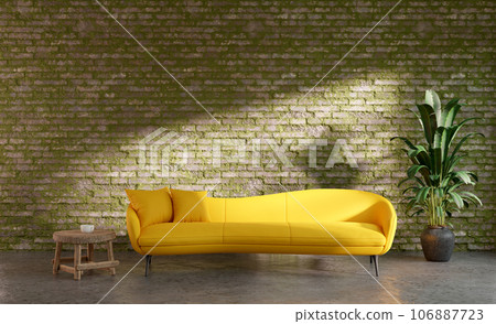 Mock up room with moss brick wall and yellow sofa 106887723